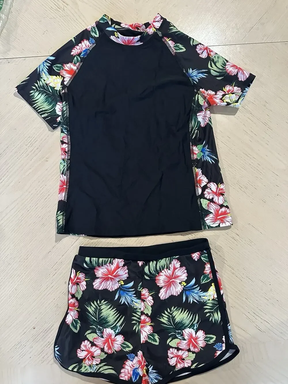 Swimsuit for Girls Floral Two Piece Tankini Set Rash Guard Black Swimming 11 T